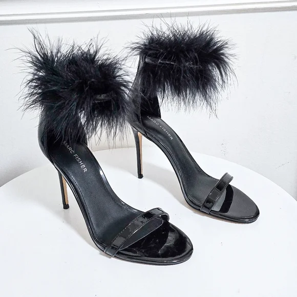 Marc Fisher black patent leather faux fur ankle strap sandals heels size… - Picture 1 of 8